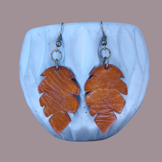 Genuine leather leaf earrings